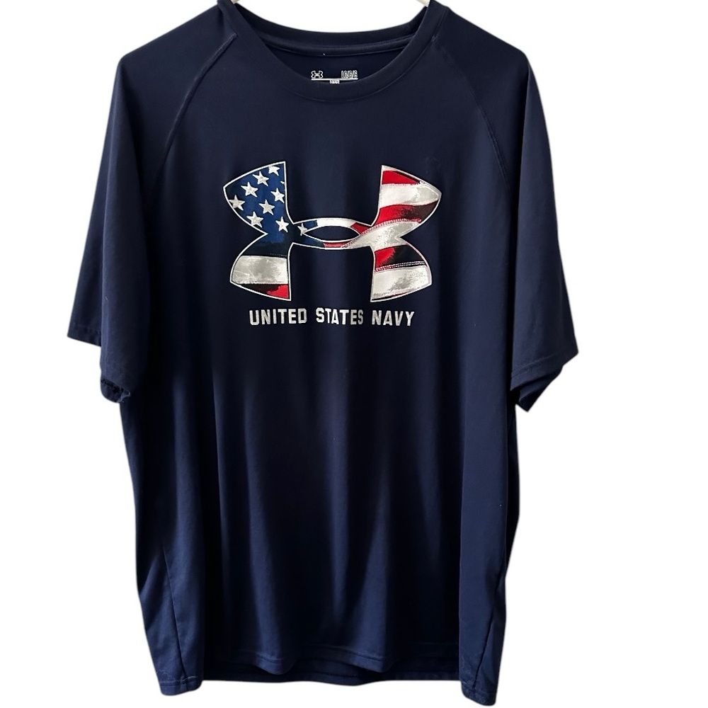 Men’s Under Armor Loose Fit Freedom Heat Gear Blue Patriotic Flag Tee, SZ Large